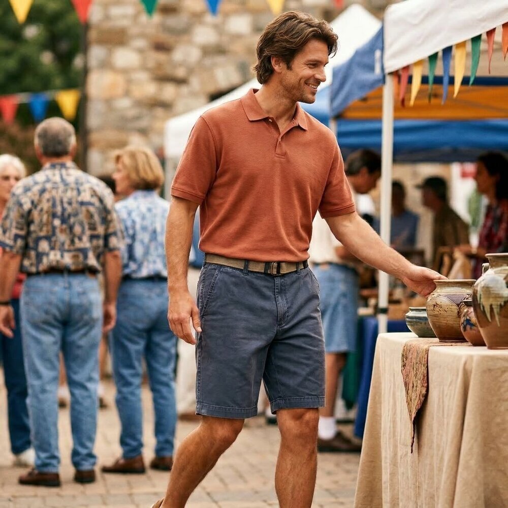 Roundtree & Yorke Men 38 Chino Shorts Blue Cotton Stretch Essential Timeless